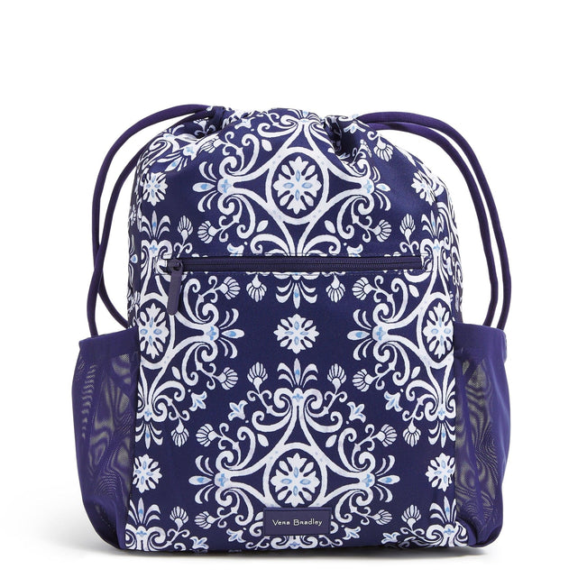 Lighten Up Deluxe Drawstring Backpack-Steel Blue Medallion-Image 1-Vera Bradley
